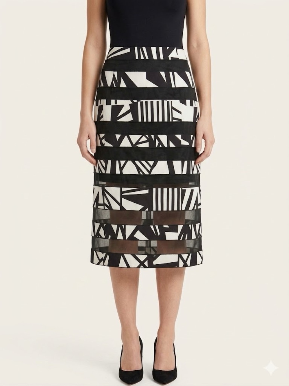 Brand New Lafayette 148 New York Black and White Silk Geometric Midi Skirt